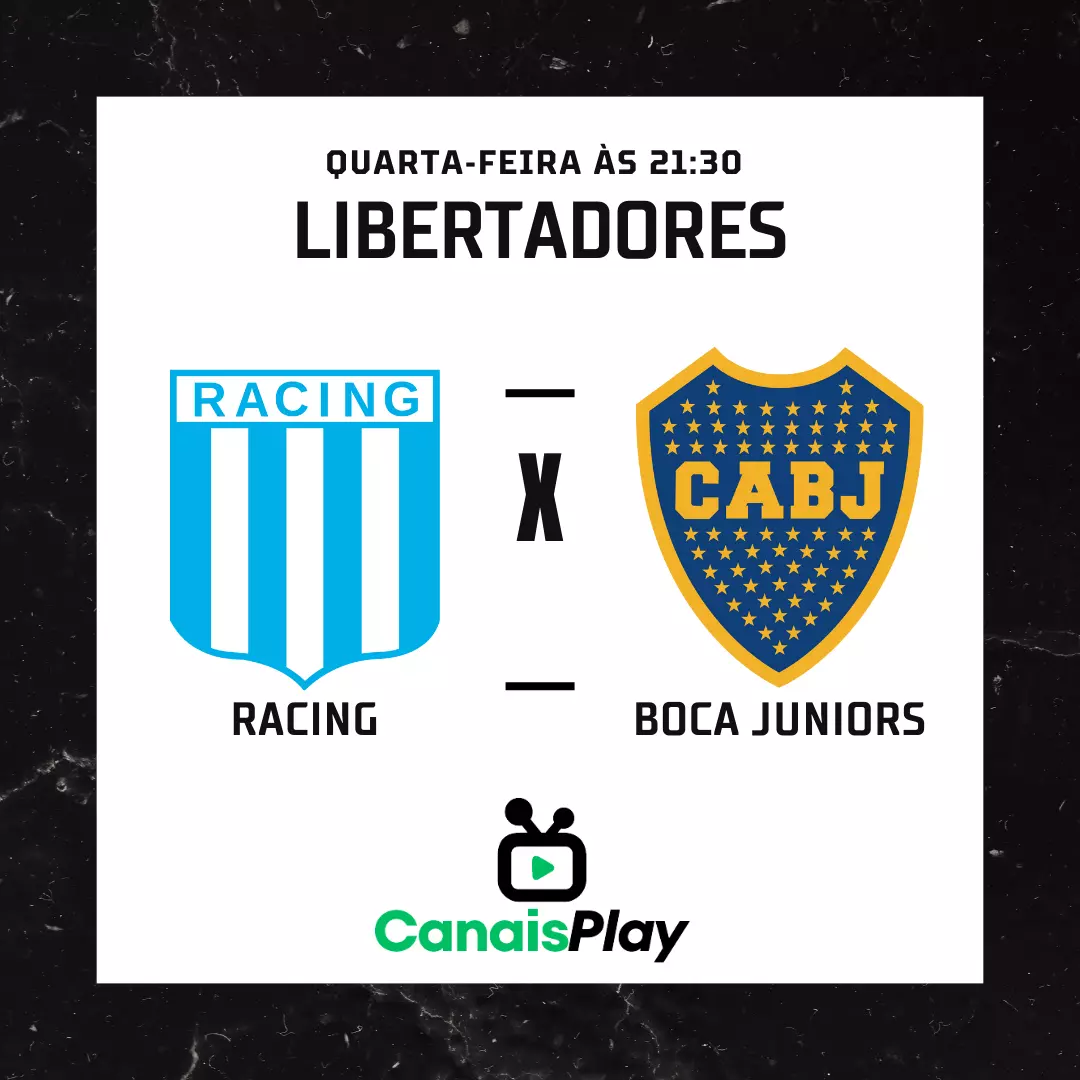 Racing x Boca Juniors ao vivo aqui no Canais Play! Nesta quarta-feira à noite, às 21h30 (horário de Brasília), No Estádio El Cilindro! No jogo de retorno das quartas de final da Libertadores 2023.