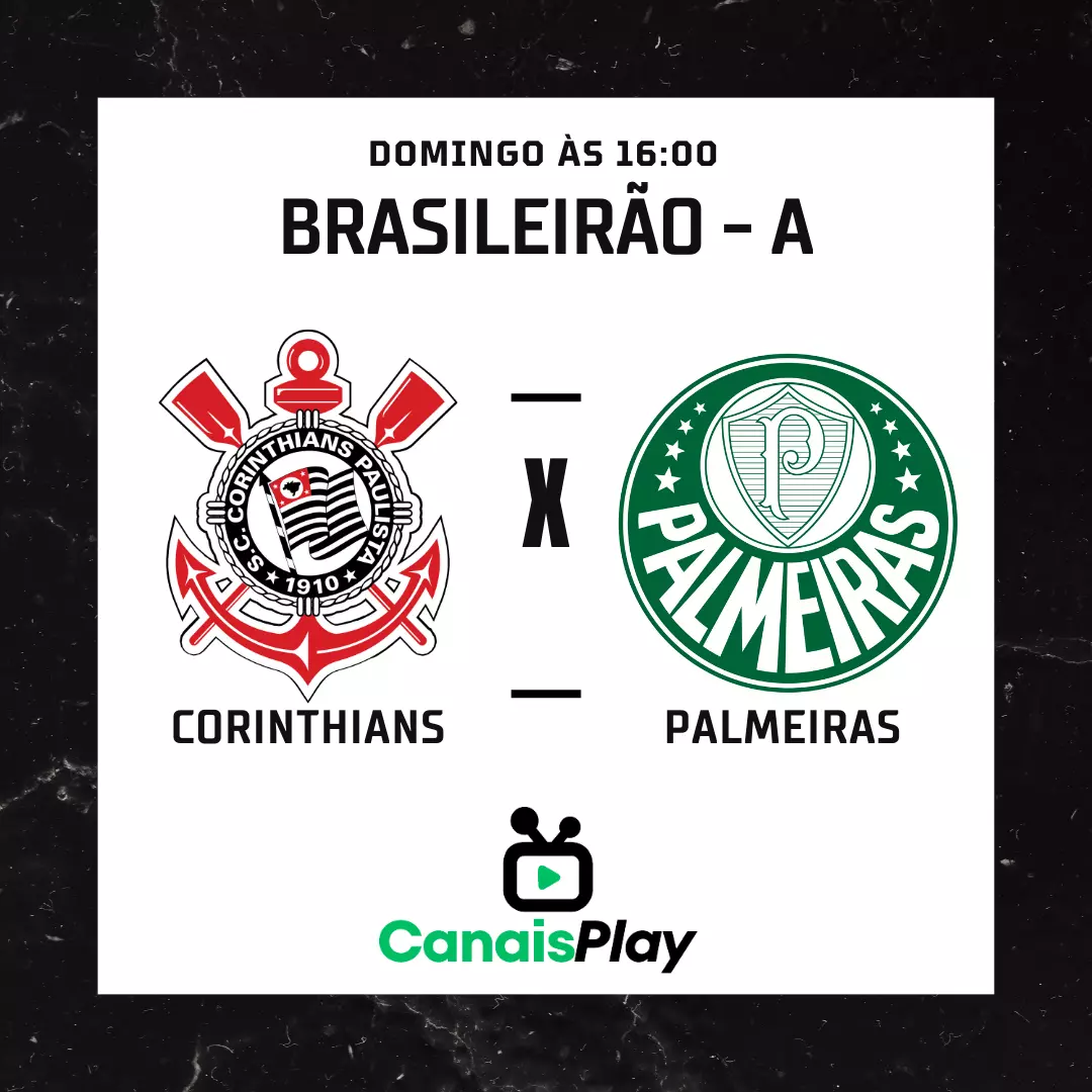 Corinthians x Palmeiras ao vivo no Canais Play! Nesse domingo, dia 3, às 16h (horário de Brasília), em partida válida pela 22ª rodada do Campeonato Brasileiro, na NeoQuímica Arena.
